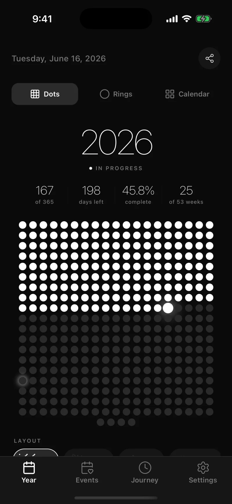 Dotful year view showing a full year as a grid of dots